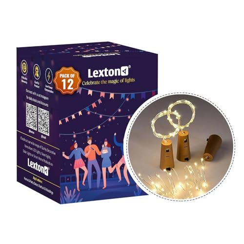 Lexton ضوء زجاجة النبيذ الزخرفي من ليكستون | 20 LED، يعمل بالبطارية، بطول 2 متر، حماية IP65 | ضوء نحاسي مناسب لديكور المنزل، الزينة الخارجية، ديوالي (عبوة من 12، أبيض دافئ) - Image 1