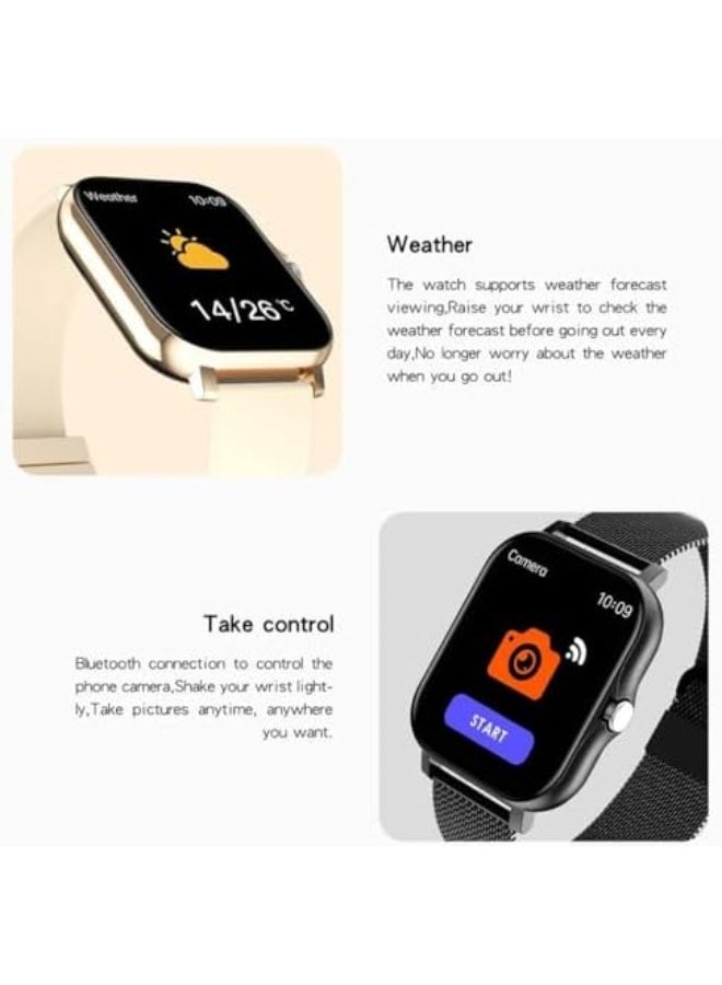 ساعة ذكية لهواتف أندرويد و iOS بحجم 1.83 بوصة، شاشة تعمل باللمس، ساعة مكالمات، متتبع للياقة البدنية، مقاومة للماء بمعيار IP68، وجه قابل للتخصيص، عداد خطوات، مراقب للنوم، آلة حاسبة للطقس، ساعات رياضية خارجية (ذهبي بحزام بيج) - Image 2