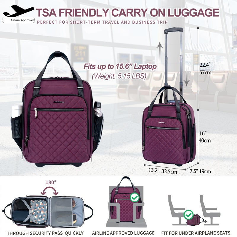 EMPSIGN Underseat Carry On Wheeled - 16" Carry on Bag with Wheels Multi-functional Lightweight Rolling Bag Overnight Weekender Small Suitcase for Women Men Travel Business, Burgundy - Image 2