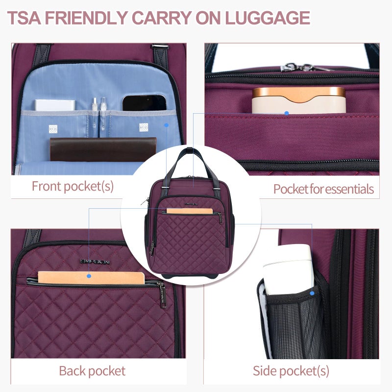 EMPSIGN Underseat Carry On Wheeled - 16" Carry on Bag with Wheels Multi-functional Lightweight Rolling Bag Overnight Weekender Small Suitcase for Women Men Travel Business, Burgundy - Image 5