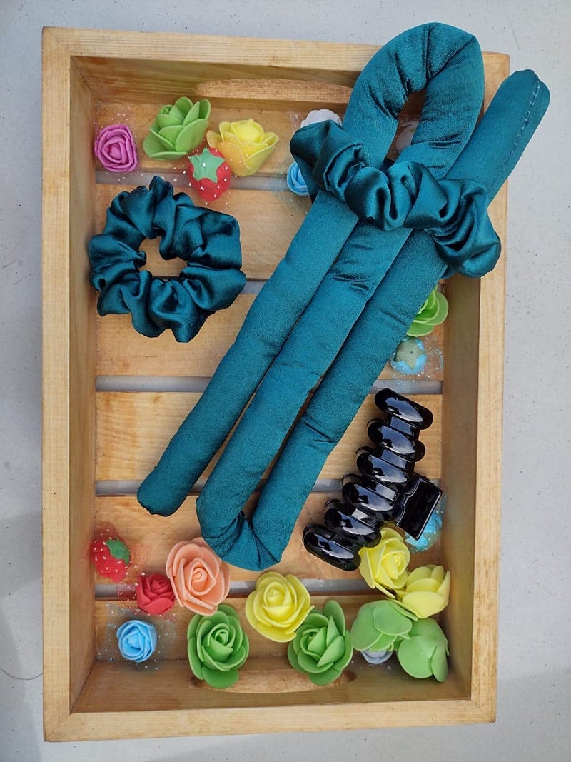 VIYANSHI Silk curling ribbon heatless hair curling set with 2 Scrunchies silk satin curler ribbon set heatless curlspack of 1 Teal Blue - Image 2