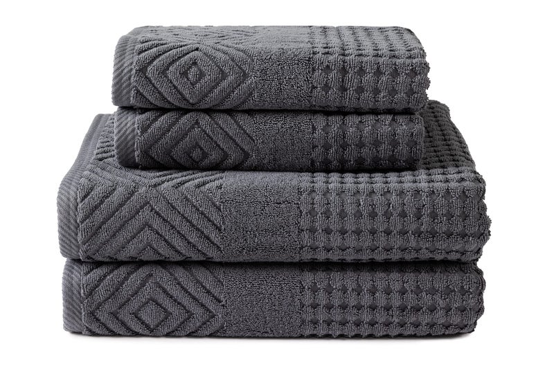 Texere 100 Organic Cotton Diamond Jacquard 700 GSM Luxury Bath Towel Sets  Ultra Soft and Absorbent Hotel and Spa Quality Diamond Charcoal 2 Bath  2 Hand Towels