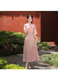 Generic Elegant Vintage Pink Chinese Dress 2024 New Style Womens Summer Dress Young And Fresh Daily Wear Qipao Powder [Yayi]] 