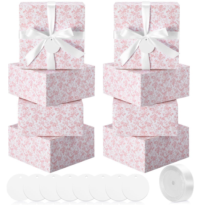 Faccito Pink 8 Pack Floral bridesmaid proposal Gift Boxes 8 x 8 x 4 Inch Flower Paper Boxes with Ribbon Label Card for Wedding Bridesmaid Gift Bridal Baby Shower Birthday Party Favor (Chinoiserie) - Image 1