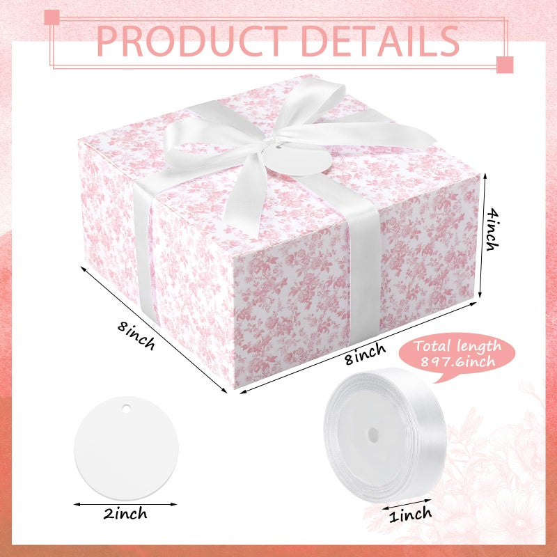 Faccito Pink 8 Pack Floral bridesmaid proposal Gift Boxes 8 x 8 x 4 Inch Flower Paper Boxes with Ribbon Label Card for Wedding Bridesmaid Gift Bridal Baby Shower Birthday Party Favor (Chinoiserie) - Image 2