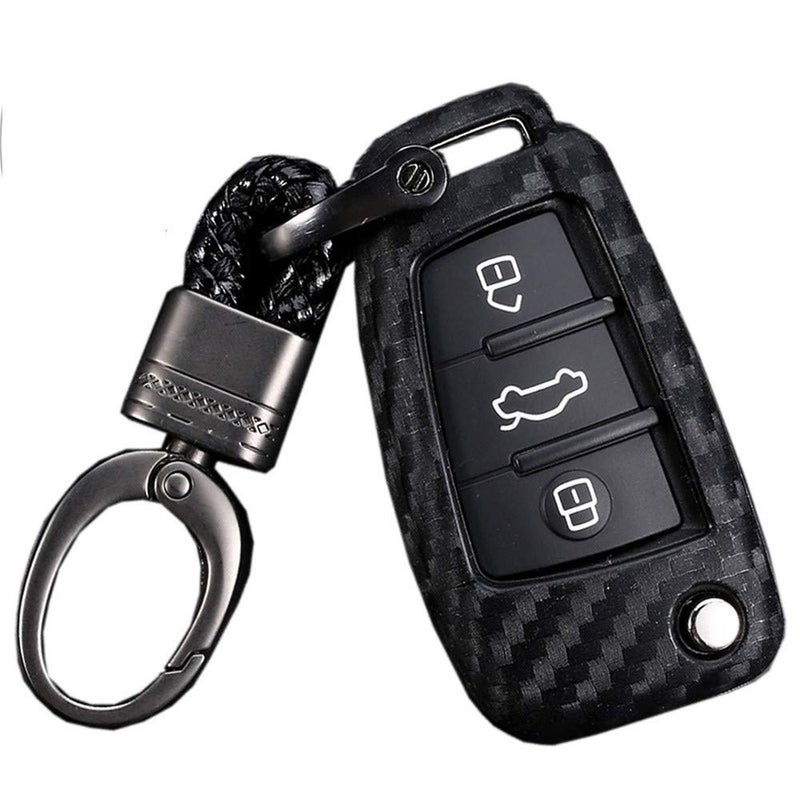 ROYALFOX(TM Luxury 3 Buttons Soft Carbon Fiber flip Remote Key Fob case Cover for Audi A1 A3 A4 A5 A6 Q2 Q3 Q7 TT S3 R8 Accessories,with Keychain (Silicone Carbon Fiber)
