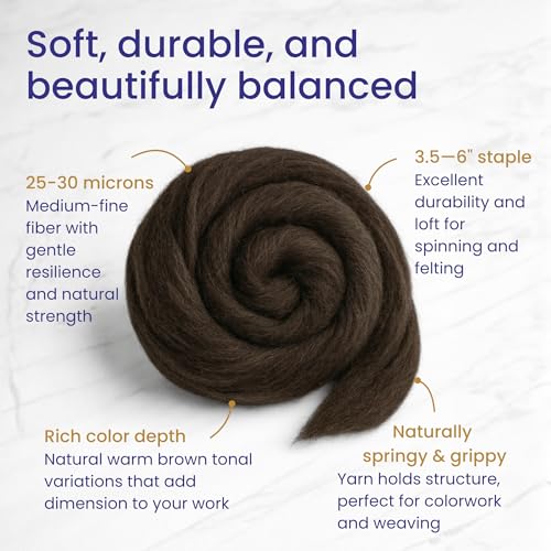 Revolution Fibers Corriedale Wool Roving 1 lb (16 Ounces) for Spinning | Soft Chunky Jumbo Yarn for Arm Knitting Blanket |100% Natural Undyed Wool Yarn Bulk, Felting Core, Carded Stuffing (Brown) - Image 2