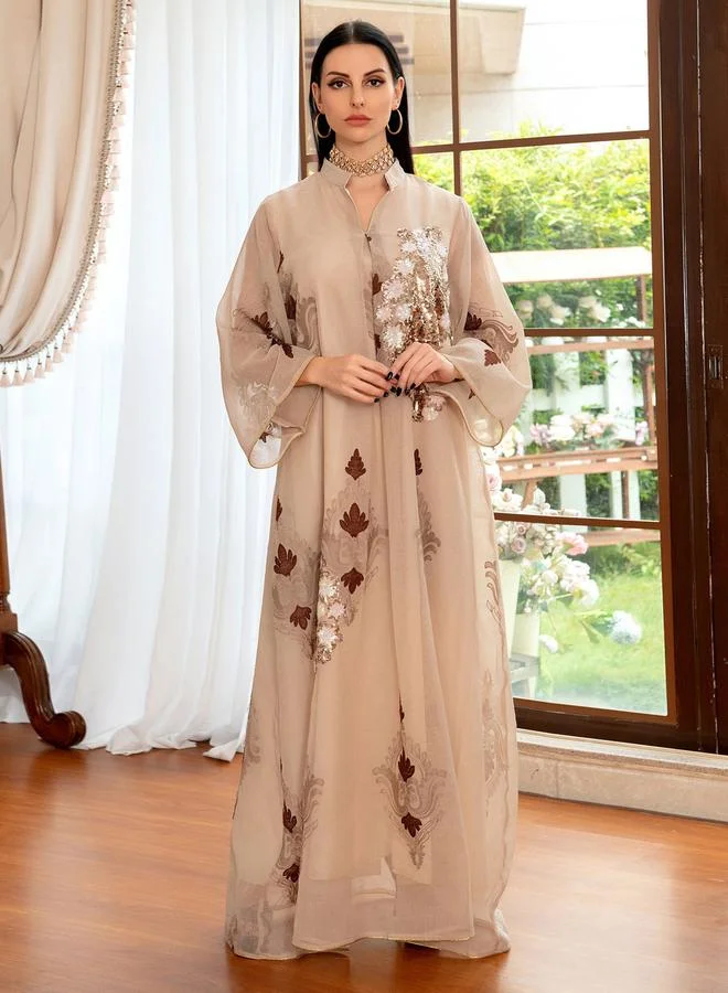 تايك تو Brown Sequin and Floral Embroidery Maxi Jalabiya
