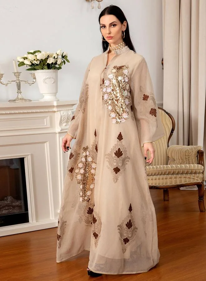 تايك تو Brown Sequin and Floral Embroidery Maxi Jalabiya