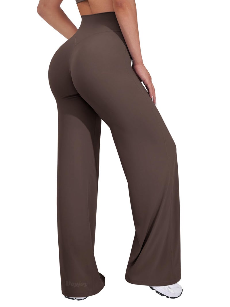VOYJOY Straight Leggings Bottoms Wide Leg Pants for Women 29"/ 31.5"/33"/35" High Waist Stretch Casual Sweatpants Plum Brown - Image 1