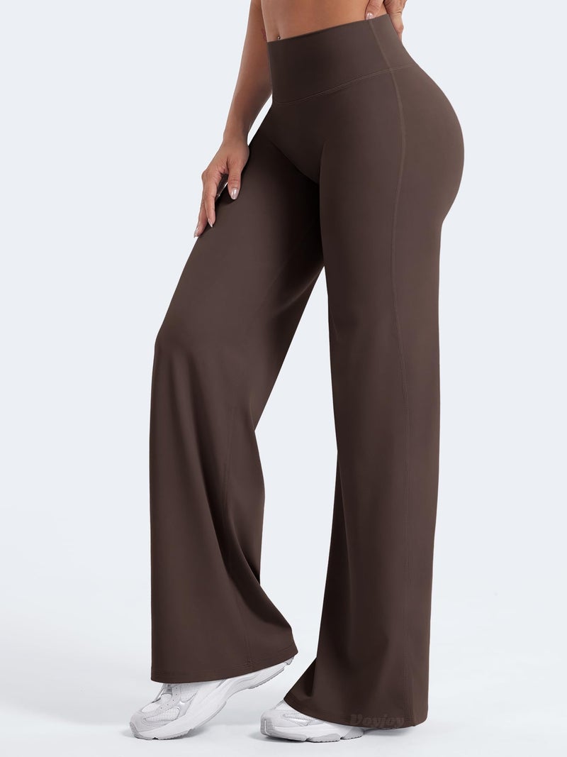 VOYJOY Straight Leggings Bottoms Wide Leg Pants for Women 29"/ 31.5"/33"/35" High Waist Stretch Casual Sweatpants Plum Brown - Image 4