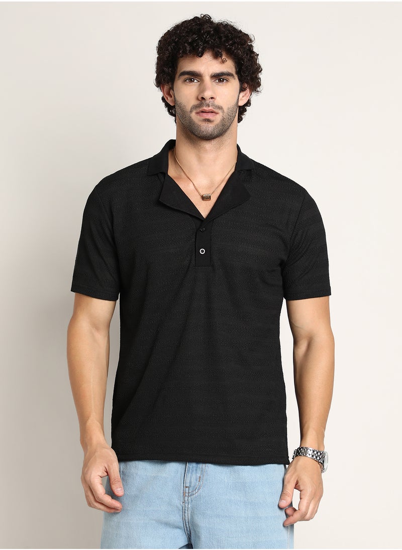 كامبوس سوترا Men's Onyx Black Panel-Tactile Cuban Polo T-Shirt  - Image 2