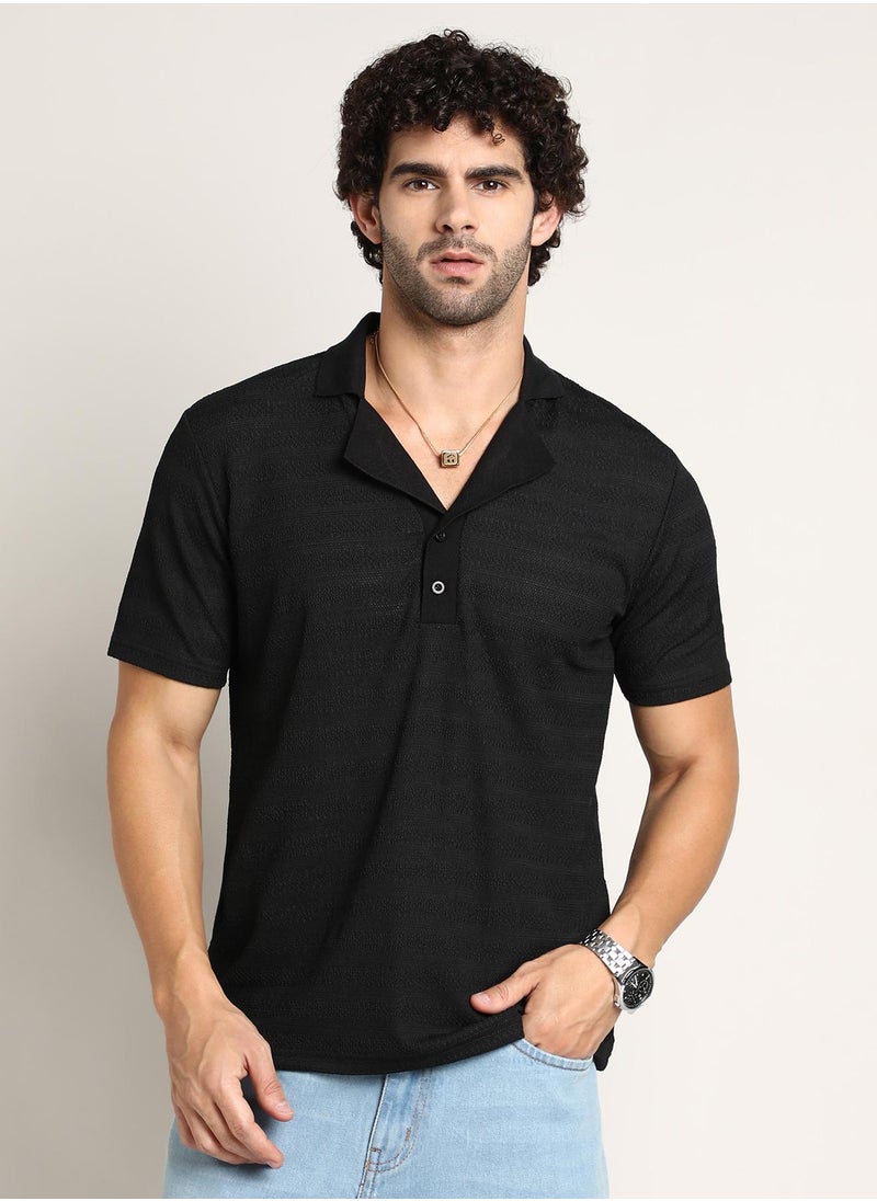 كامبوس سوترا Men's Onyx Black Panel-Tactile Cuban Polo T-Shirt  - Image 1