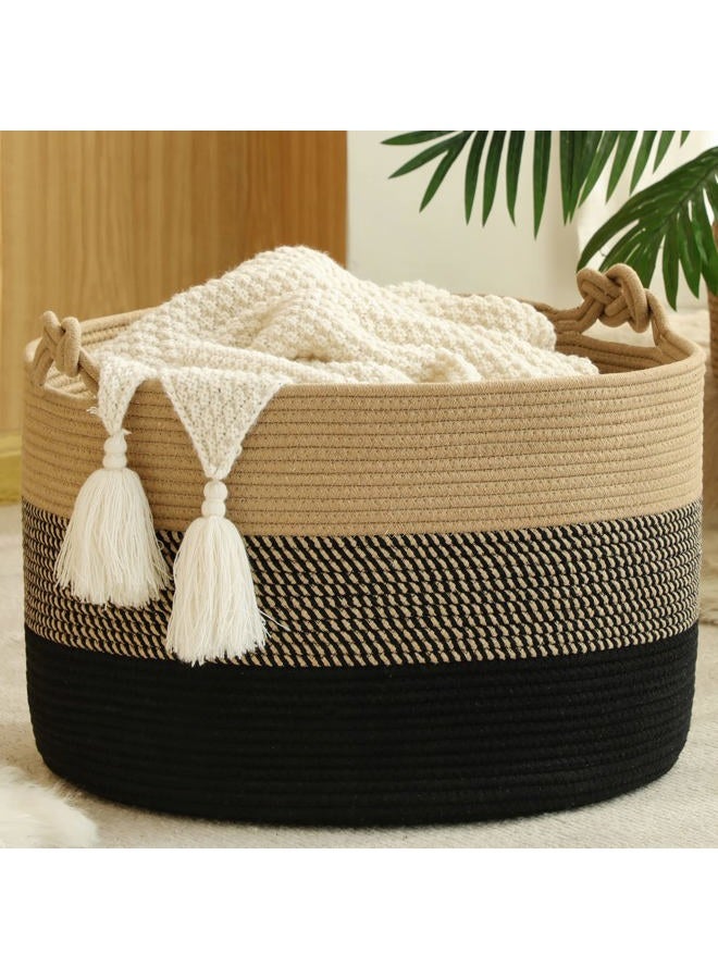 KAKAMAY Large Blanket Basket (20"x13"),Woven Rope Baskets for storage Baby Laundry Hamper, Cotton Rope Blanket Basket for Living Room, Laundry, Nursery, Pillows,Baby Toy chest (Jute/Black) - Image 1