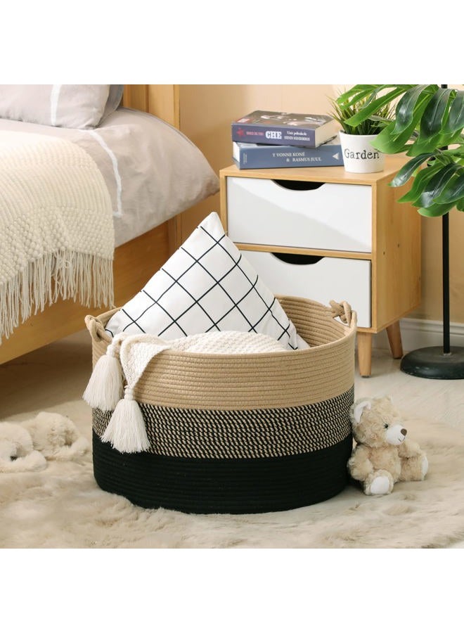 KAKAMAY Large Blanket Basket (20"x13"),Woven Rope Baskets for storage Baby Laundry Hamper, Cotton Rope Blanket Basket for Living Room, Laundry, Nursery, Pillows,Baby Toy chest (Jute/Black) - Image 4