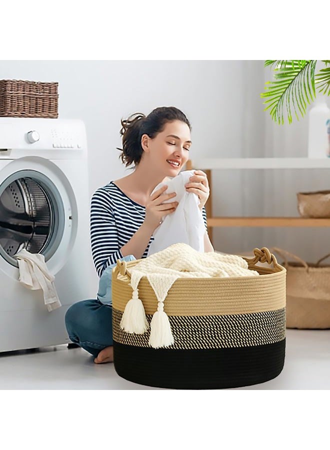 KAKAMAY Large Blanket Basket (20"x13"),Woven Rope Baskets for storage Baby Laundry Hamper, Cotton Rope Blanket Basket for Living Room, Laundry, Nursery, Pillows,Baby Toy chest (Jute/Black) - Image 5
