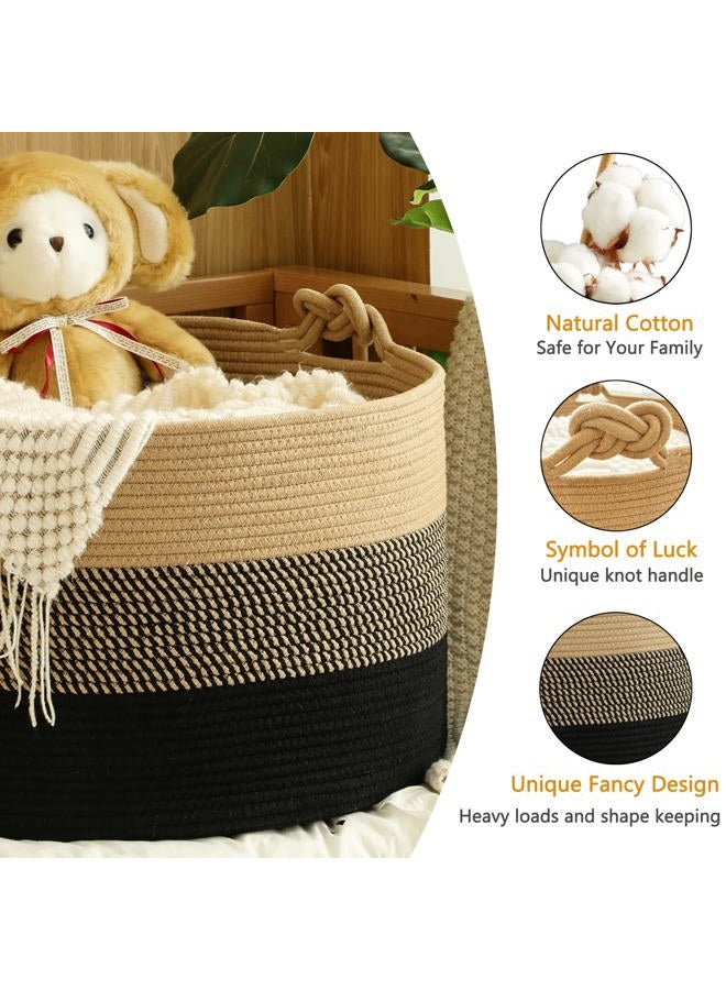 KAKAMAY Large Blanket Basket (20"x13"),Woven Rope Baskets for storage Baby Laundry Hamper, Cotton Rope Blanket Basket for Living Room, Laundry, Nursery, Pillows,Baby Toy chest (Jute/Black) - Image 2