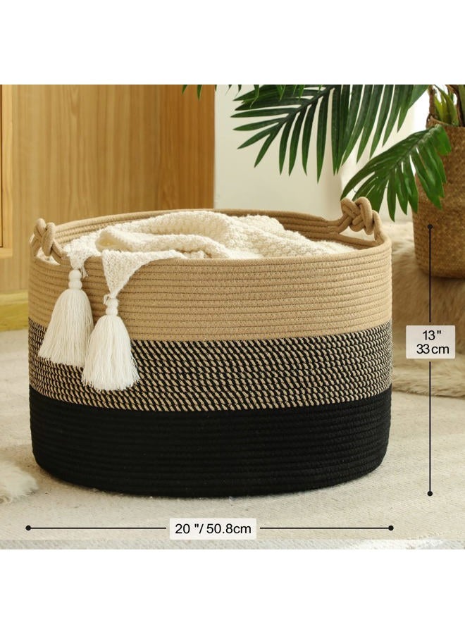 KAKAMAY Large Blanket Basket (20"x13"),Woven Rope Baskets for storage Baby Laundry Hamper, Cotton Rope Blanket Basket for Living Room, Laundry, Nursery, Pillows,Baby Toy chest (Jute/Black) - Image 3