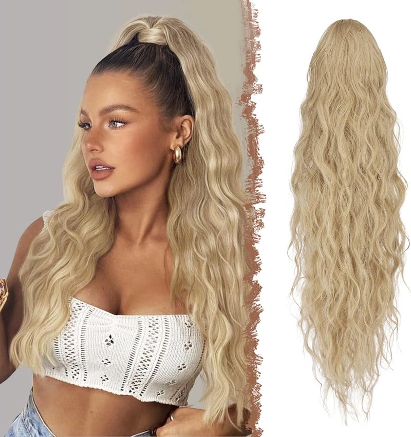 FESHFEN Long Curly Wavy Drawstring Ponytail Extensions Clip in Wavy Synthetic Hairpieces Ash Blonde Drawstring Ponytail Curly Hair Piece Pony Tail Extension for Women 26 inch