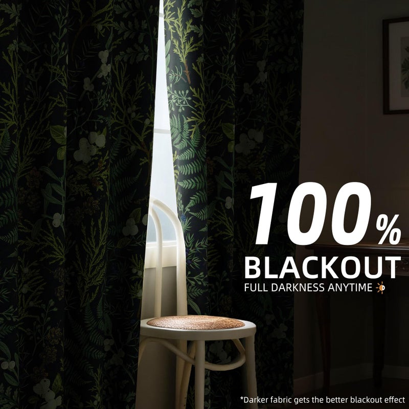 keensoft Botanical 100% Blackout Curtains for Bedroom 63 Inch Length 2 Panels Set Vintage Black Green Plant Floral Curtains Insulated Grommet Room Darkening Window Drapes for Living Roomï¼Œ52Wx63L - Image 3