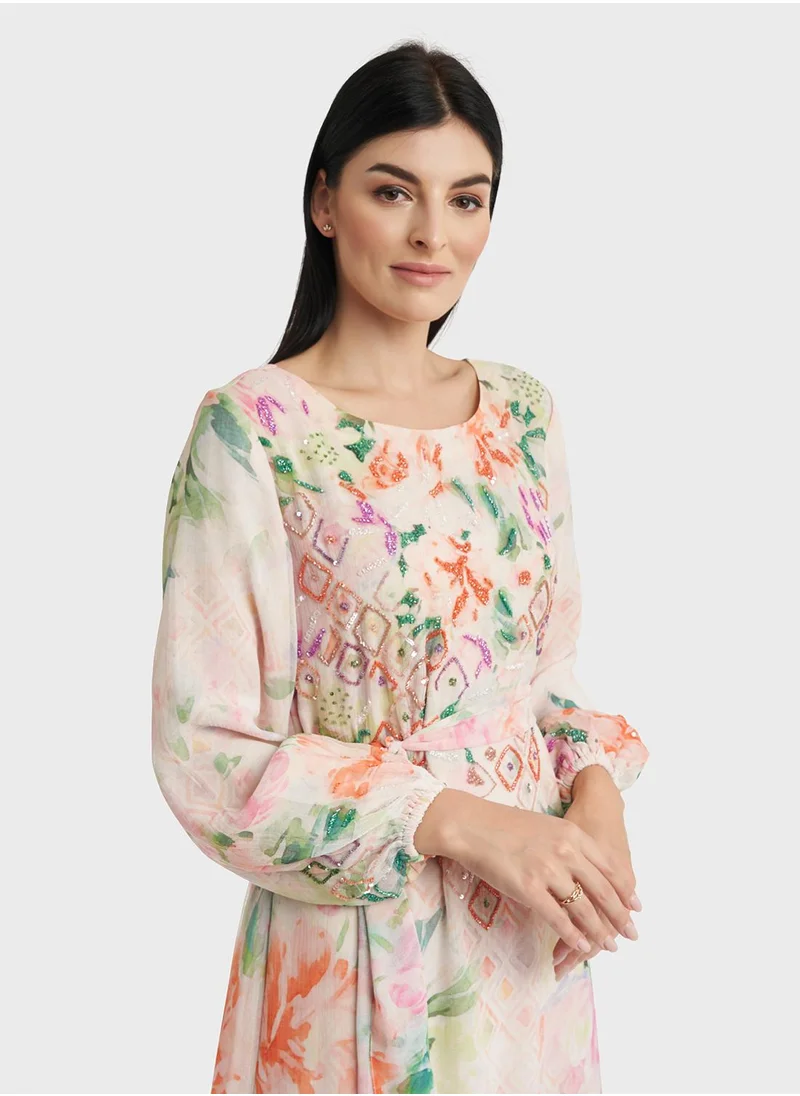 كشخة Chiffon Abstract Print Handwork Dress