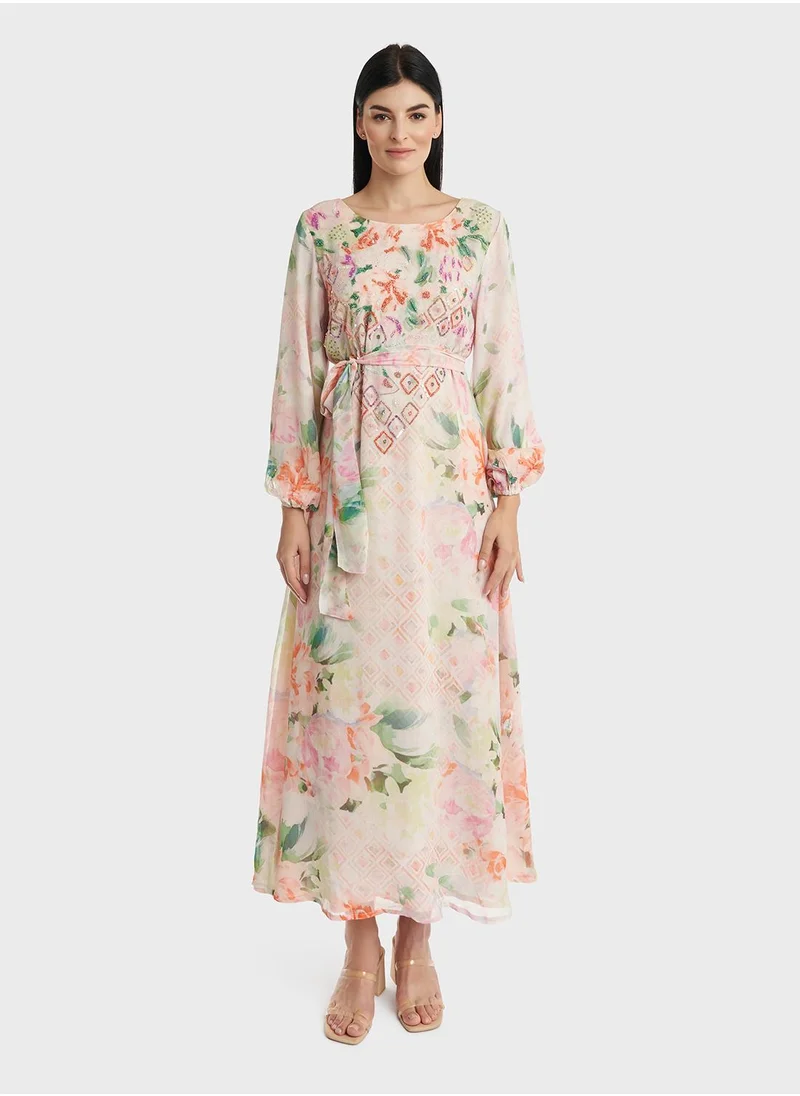 كشخة Chiffon Abstract Print Handwork Dress