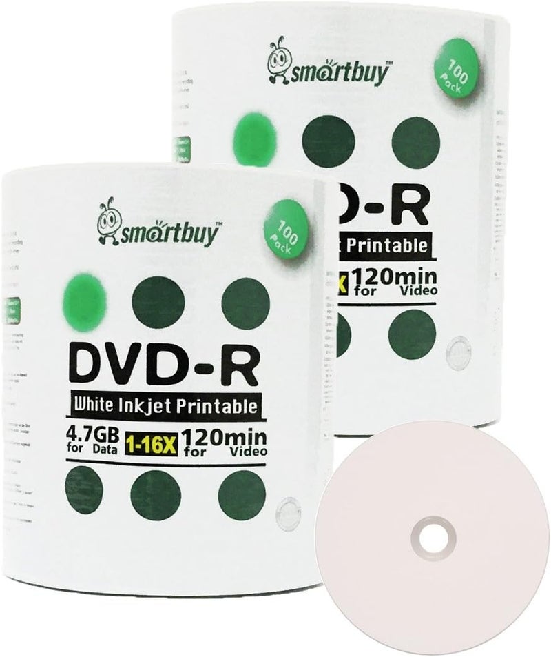 4.7gb/120min 16x DVD-R White Inkjet Hub Printable Blank Media Recordable Disc (200-Disc)