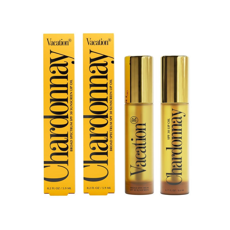Vacation Chardonnay Lip Oil SPF 30 Sunscreen for Lips Hydrating Caramel Vanilla Flavored Lip Gloss Clear Plumper NonSticky Lip Balm Vegan 02 Fl Oz Pack of 2