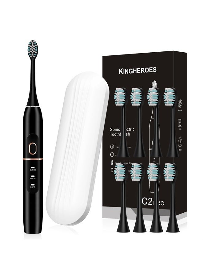 KINGHEROES Electric Toothbrush Set, Comes with 8 Brush Heads & Travel Case,4 Modes with 2 Minutes Built in Smart Timer, One Charge for 60 Days, 42000 VPM Motor (Black) - Image 1