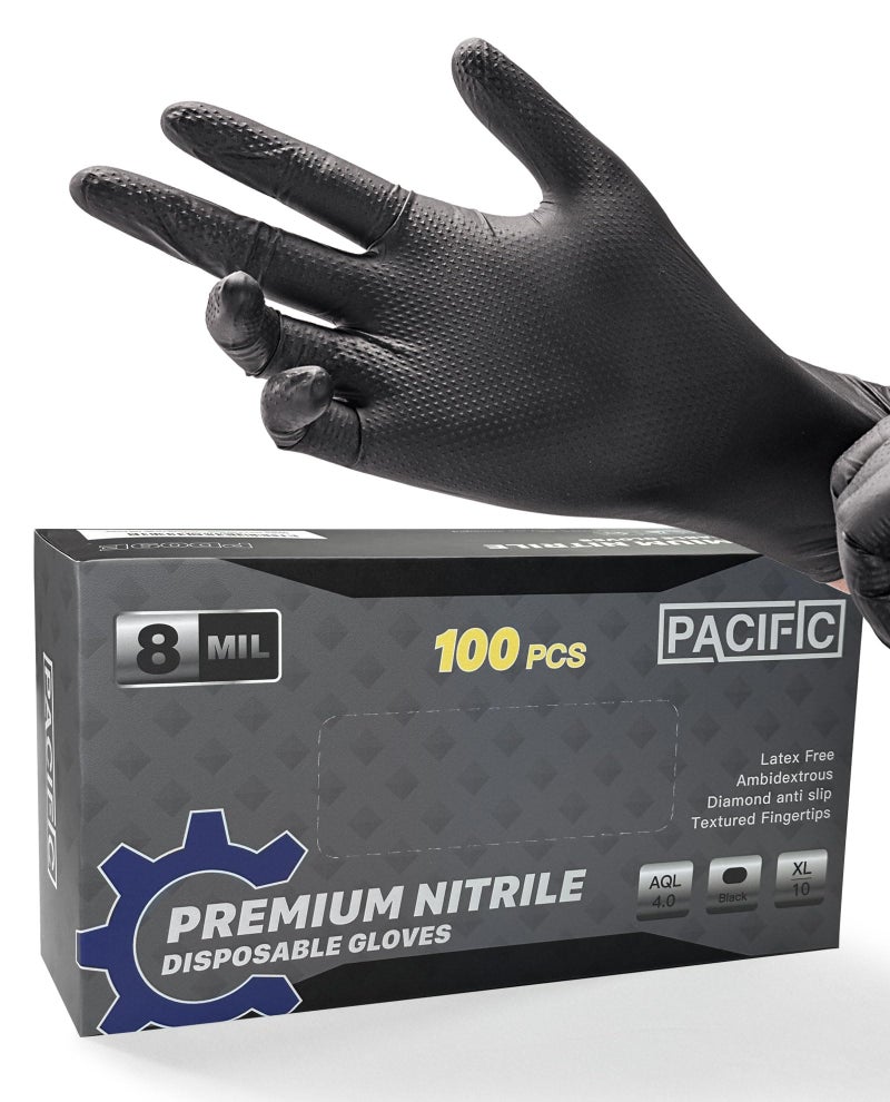 Pacific PPE 8 MIL قفازات النتريل السوداء الثقيلة غذاء آمن اللاتكس الحرة ميكانيكي غامق تمامًا القبعة الصناعية القابلة للتصرف x-large - Image 1