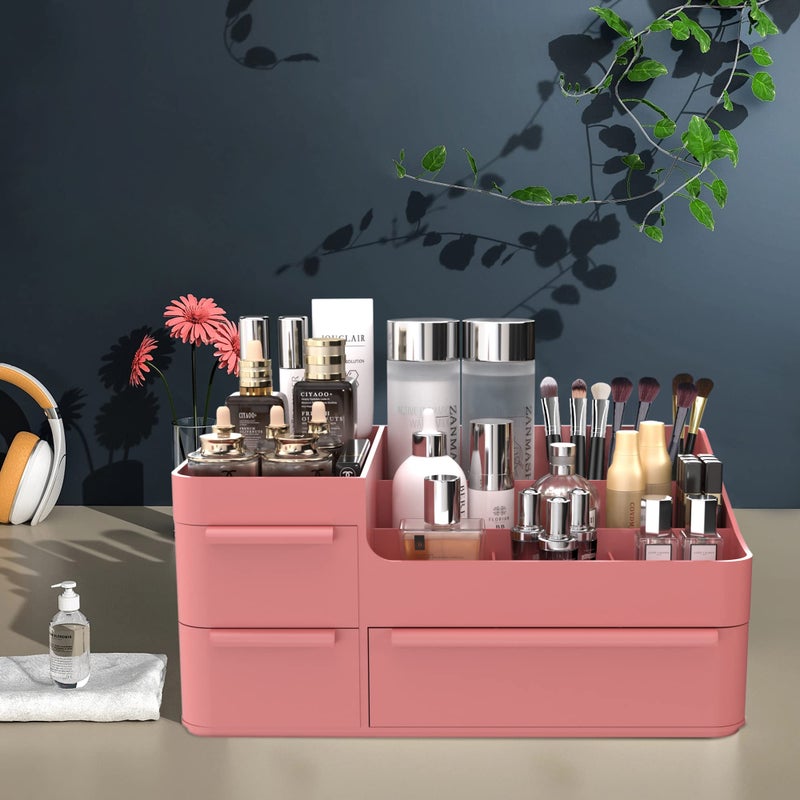 CHANCETSUI Pink Vanity Makeup Organizer  Desk Organizer with Drawers  Compact Rectangular Compartment Holder for Brushes  Eyeshadow Palettes & Beauty Supplies Ideal for Bedroom and Bathroom Countertops  - Image 2