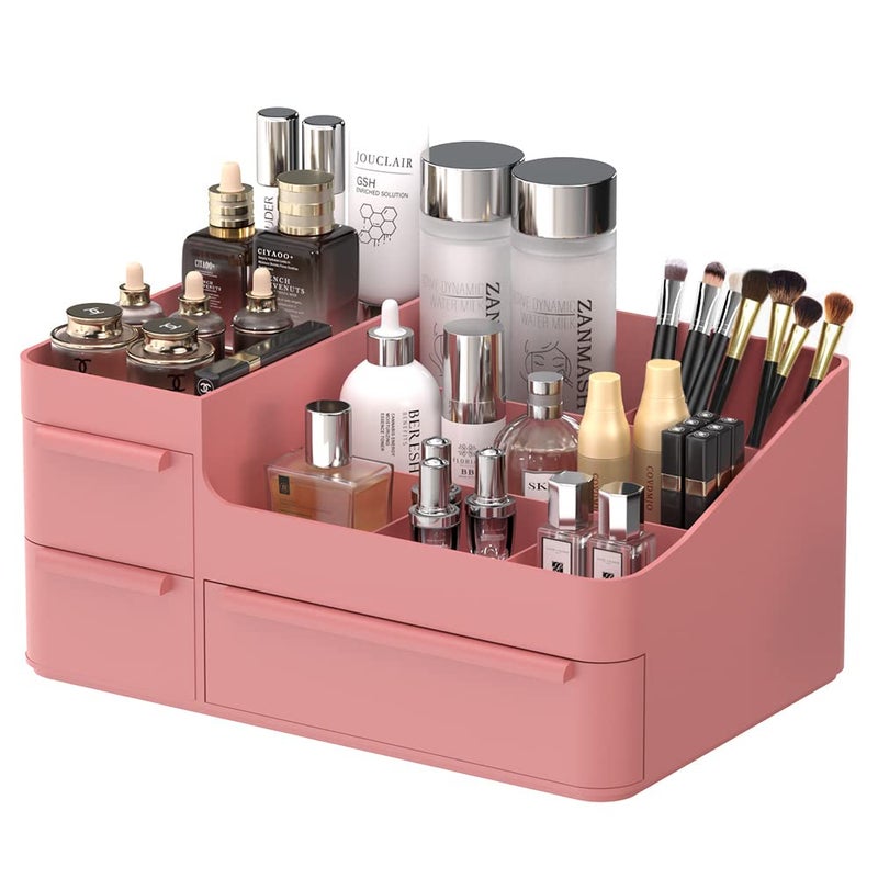 CHANCETSUI Pink Vanity Makeup Organizer  Desk Organizer with Drawers  Compact Rectangular Compartment Holder for Brushes  Eyeshadow Palettes & Beauty Supplies Ideal for Bedroom and Bathroom Countertops  - Image 1