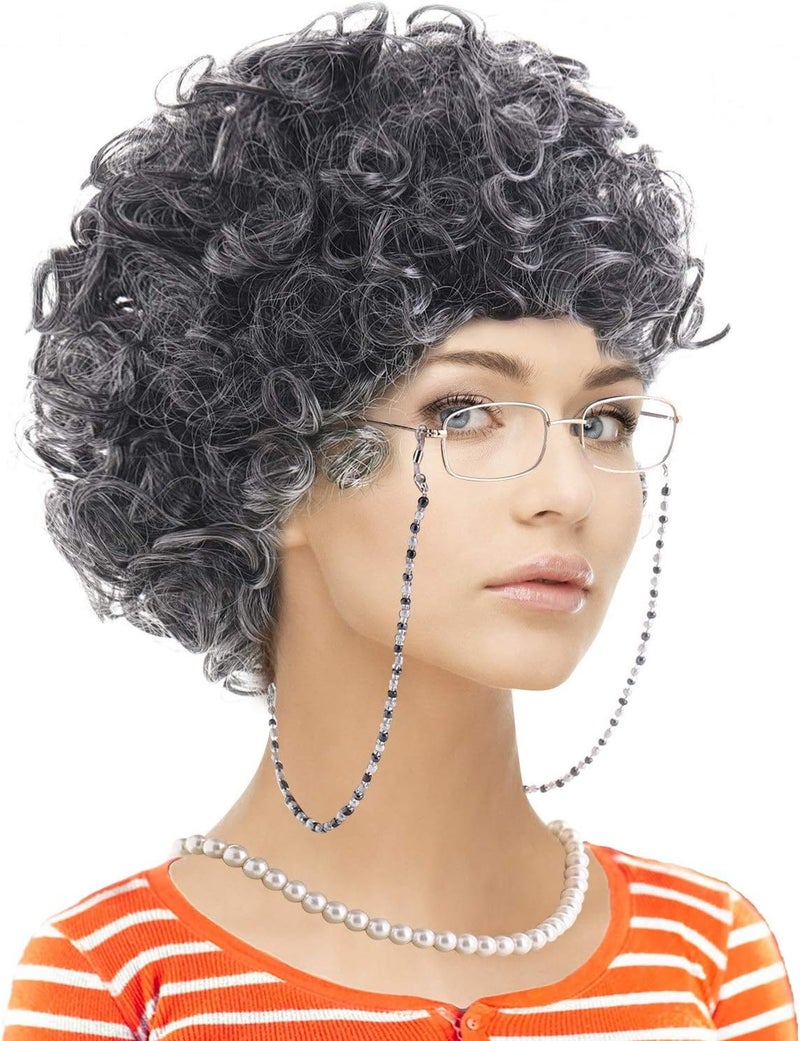 Feacole Old Lady Costume Set-Grandmother Wig,Wig Caps, Madea Granny Glasses, Eyeglass Retainer Chain,Pearl Necklace(5 Pieces) - Image 1