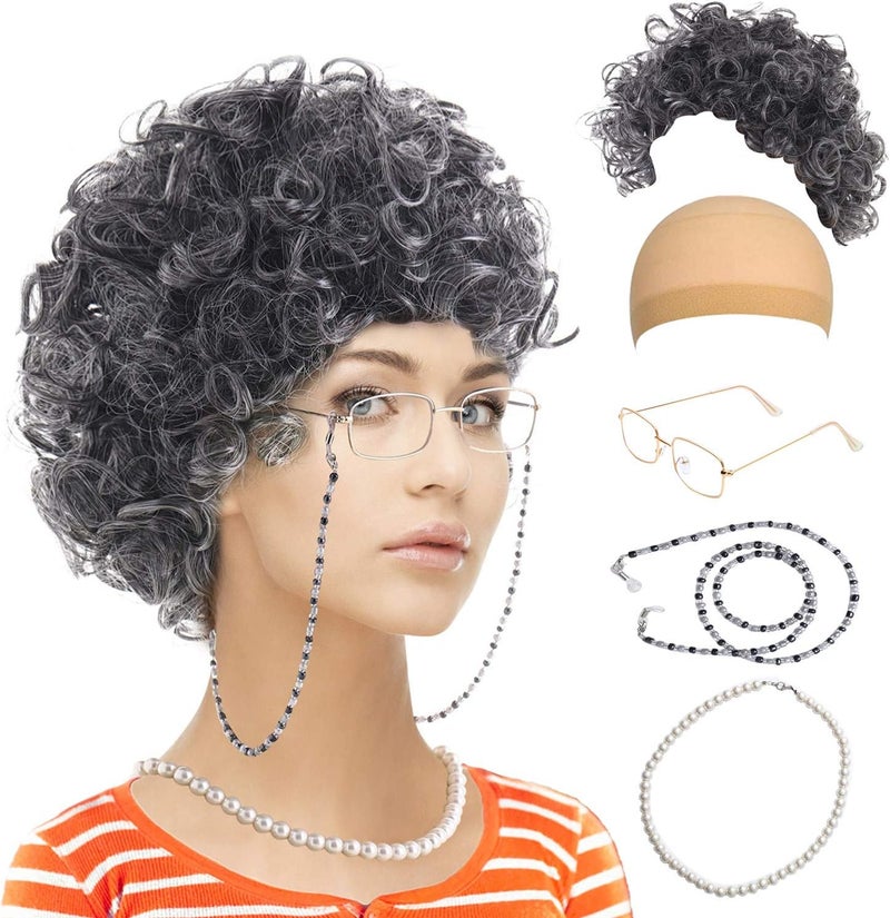 Feacole Old Lady Costume Set-Grandmother Wig,Wig Caps, Madea Granny Glasses, Eyeglass Retainer Chain,Pearl Necklace(5 Pieces) - Image 2