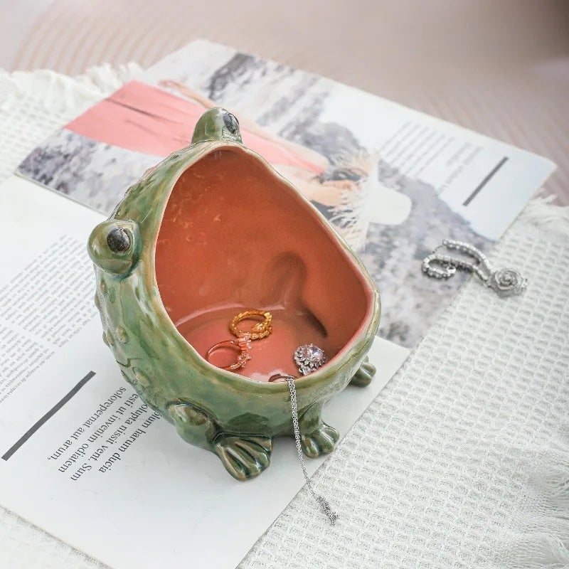 Ceramic Frog Jewelry Dish Big Mouth Ring Holder Cute Animal Trinket Tray Desk Decor Catchall Bowl Gift for Women Girls - Image 1