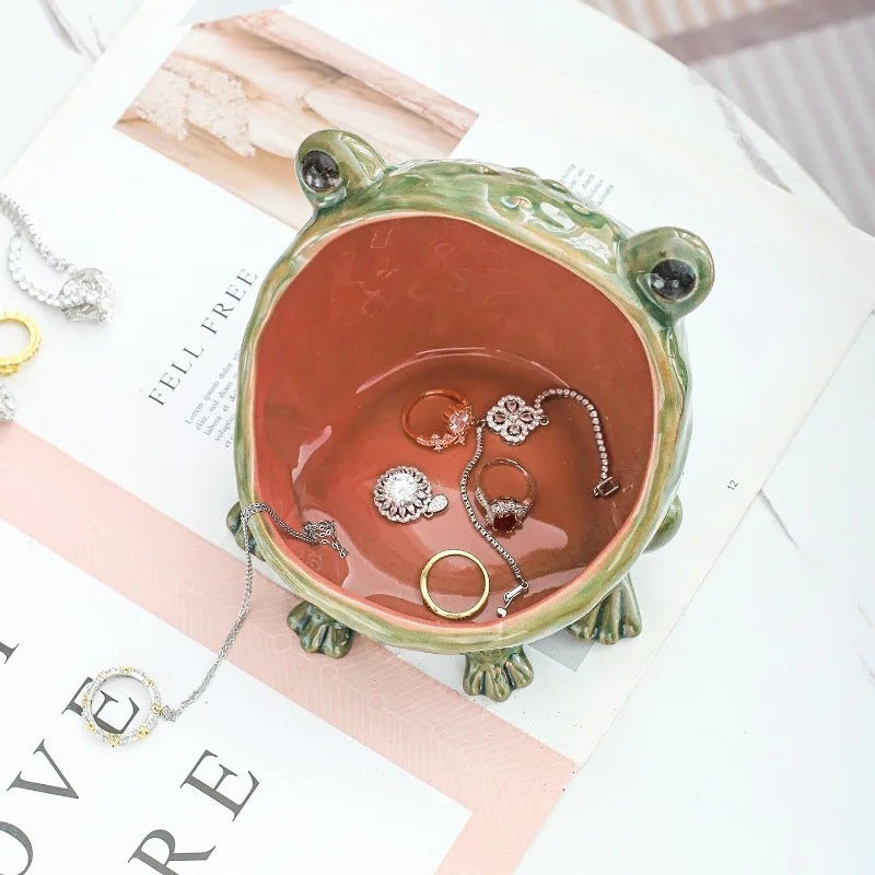 Ceramic Frog Jewelry Dish Big Mouth Ring Holder Cute Animal Trinket Tray Desk Decor Catchall Bowl Gift for Women Girls - Image 3