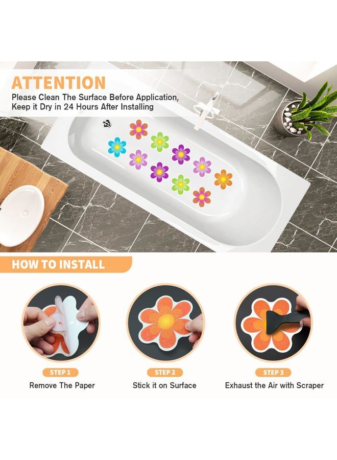 Nodirz Non Slip Bathtub Stickers, 20 PCS Shower Stickers for Safety Bathroom Tubs, Bathtub Non Slip Stickers and Adhesive Decals Scraper for Bath Tub, Shower Floor(Bright Flowers) - Image 3
