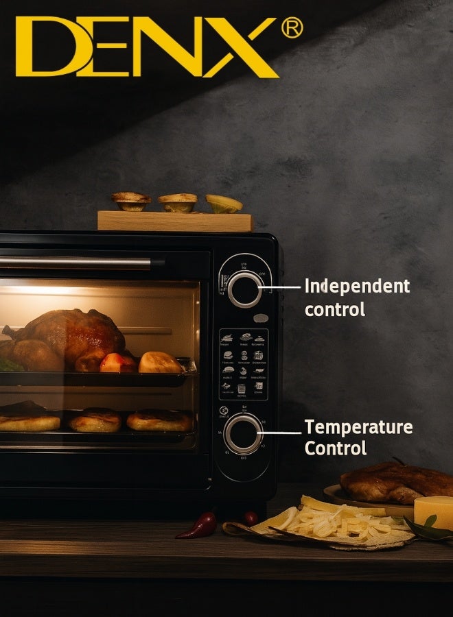 دينكس فرن كهربائي من DENX، سعة 48 لتر، قدرة 2000 واط، أنابيب تسخين مزدوجة علوية وسفلية، توزيع حراري متساوٍ، مؤقت حتى 60 دقيقة، تحكم مستقل بدرجة الحرارة، مثالي للخبز والشوي والتحميص وتحضير الدجاج والبيتزا والمعجنات، تصميم عصري عملي للاستخدام المنزلي - Image 5