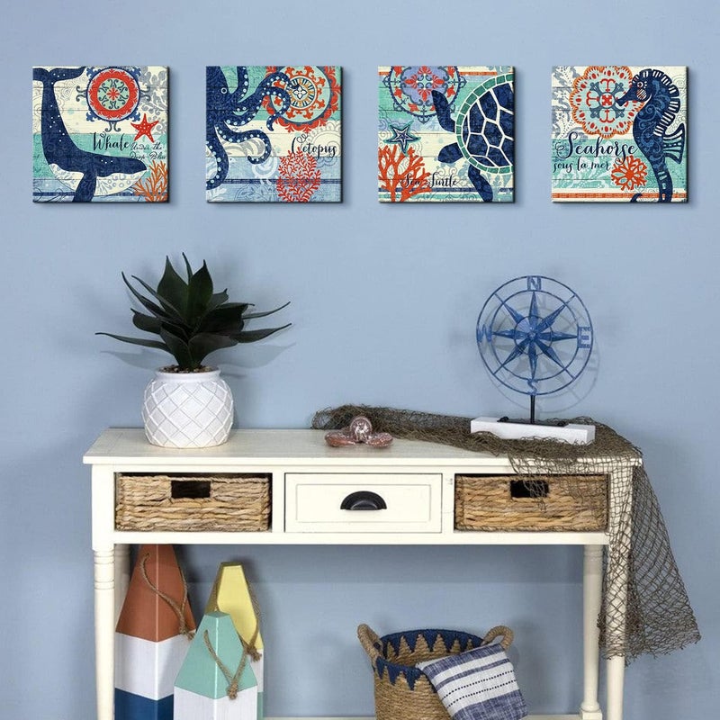 YOOOAHU Kids Bathroom Coastal Wall Art Navy Blue and Orange Ocean Animals Pictures Nautical Beach Wall Decor Sea Turtle Octopus Whale Seahorse Canvas Artworks Nursery Bedroom Home Decorations 12x12" 4 Pcs - Image 5