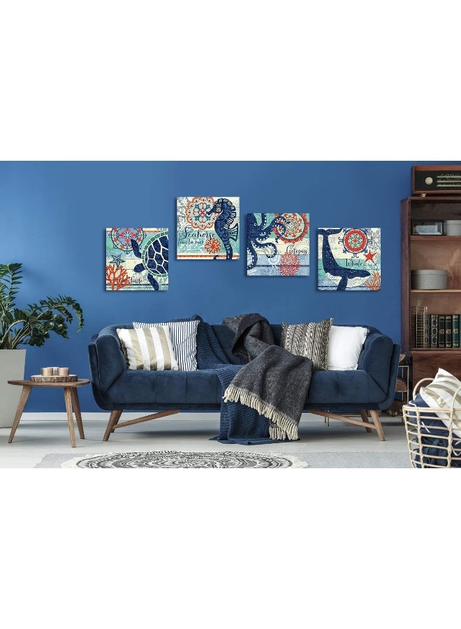 YOOOAHU Kids Bathroom Coastal Wall Art Navy Blue and Orange Ocean Animals Pictures Nautical Beach Wall Decor Sea Turtle Octopus Whale Seahorse Canvas Artworks Nursery Bedroom Home Decorations 12x12" 4 Pcs - Image 3