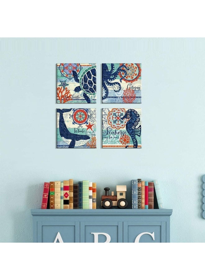 YOOOAHU Kids Bathroom Coastal Wall Art Navy Blue and Orange Ocean Animals Pictures Nautical Beach Wall Decor Sea Turtle Octopus Whale Seahorse Canvas Artworks Nursery Bedroom Home Decorations 12x12" 4 Pcs - Image 4