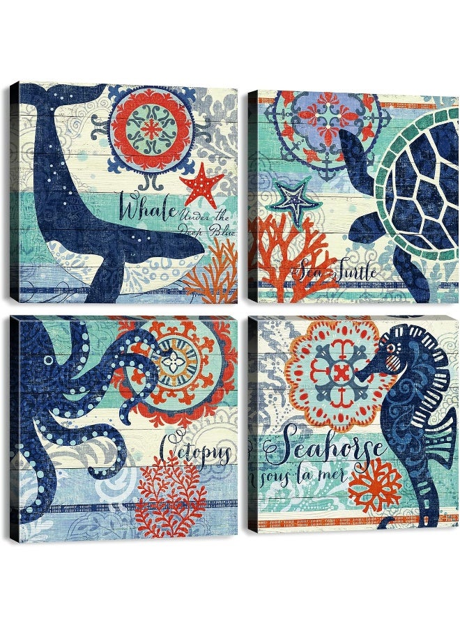 YOOOAHU Kids Bathroom Coastal Wall Art Navy Blue and Orange Ocean Animals Pictures Nautical Beach Wall Decor Sea Turtle Octopus Whale Seahorse Canvas Artworks Nursery Bedroom Home Decorations 12x12" 4 Pcs - Image 1