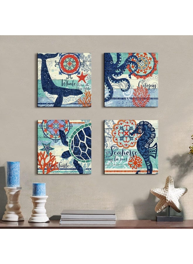 YOOOAHU Kids Bathroom Coastal Wall Art Navy Blue and Orange Ocean Animals Pictures Nautical Beach Wall Decor Sea Turtle Octopus Whale Seahorse Canvas Artworks Nursery Bedroom Home Decorations 12x12" 4 Pcs - Image 2