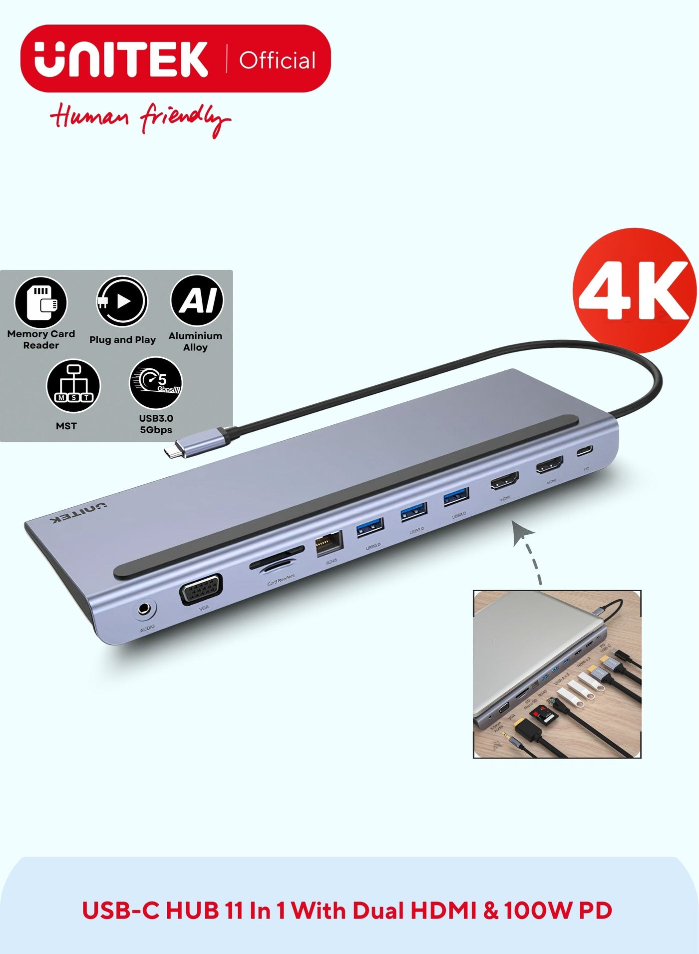 USB-C Universal Docking Station With Laptop Stand – Triple Display Dock, 100W PD Fast Charging, Dual HDMI, VGA, Gigabit Ethernet, Memory Card Reader (Supports 24mm & 11mm SDHC/SDXC Cards), USB 3.0 Ports – Ideal for Home & Office Setup