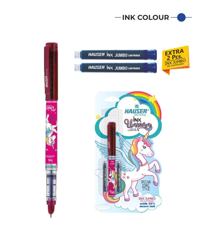 Hauser Inx Unicorn Fountain Pen | Smooth Round Nib With Iridium Tip | 2 Ink Cartridges | Unique Liquid Ink System | Blue Ink, Pack of 2 - Image 3