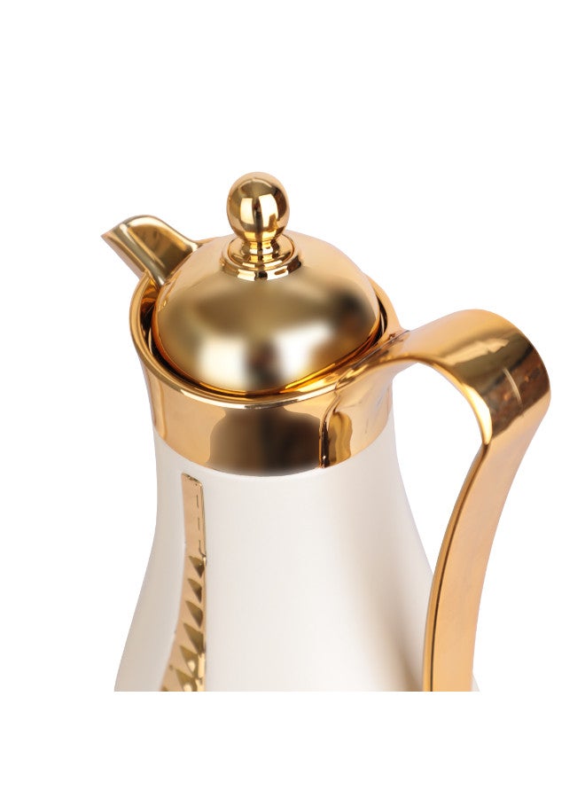 Soleter Soleter 2 Piece Flask Set Crystal Design Vacuum With Metal Body Glass Insert 1 Liter  Wide Mouth With Anti-Leakage Cap  Gold And Pearl White Color - Image 1
