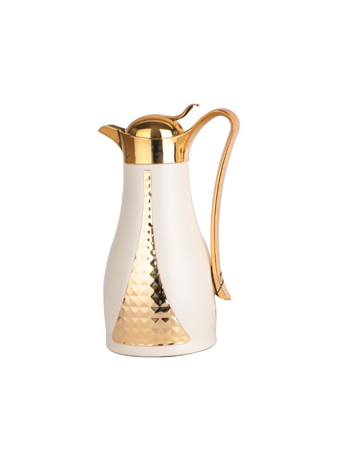 Soleter Soleter 2 Piece Flask Set Crystal Design Vacuum With Metal Body Glass Insert 1 Liter  Wide Mouth With Anti-Leakage Cap  Gold And Pearl White Color - Image 5