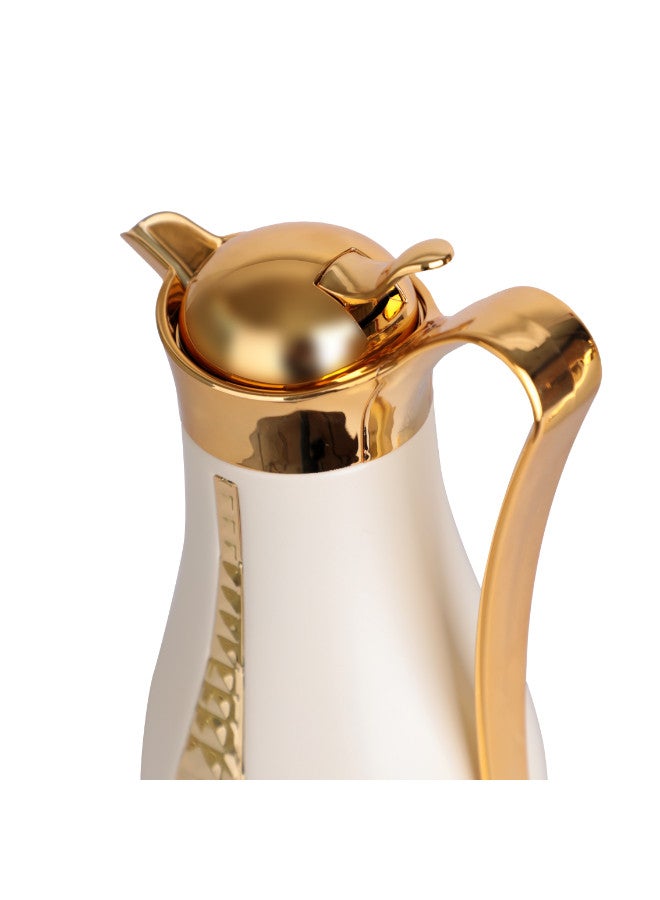Soleter Soleter 2 Piece Flask Set Crystal Design Vacuum With Metal Body Glass Insert 1 Liter  Wide Mouth With Anti-Leakage Cap  Gold And Pearl White Color - Image 2