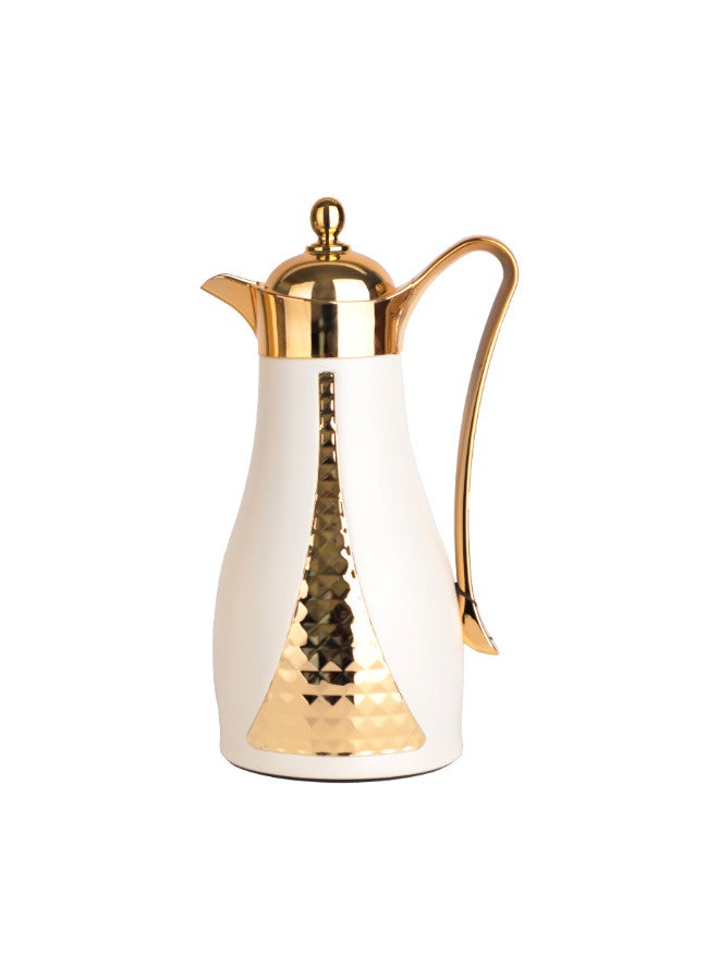 Soleter Soleter 2 Piece Flask Set Crystal Design Vacuum With Metal Body Glass Insert 1 Liter  Wide Mouth With Anti-Leakage Cap  Gold And Pearl White Color - Image 4
