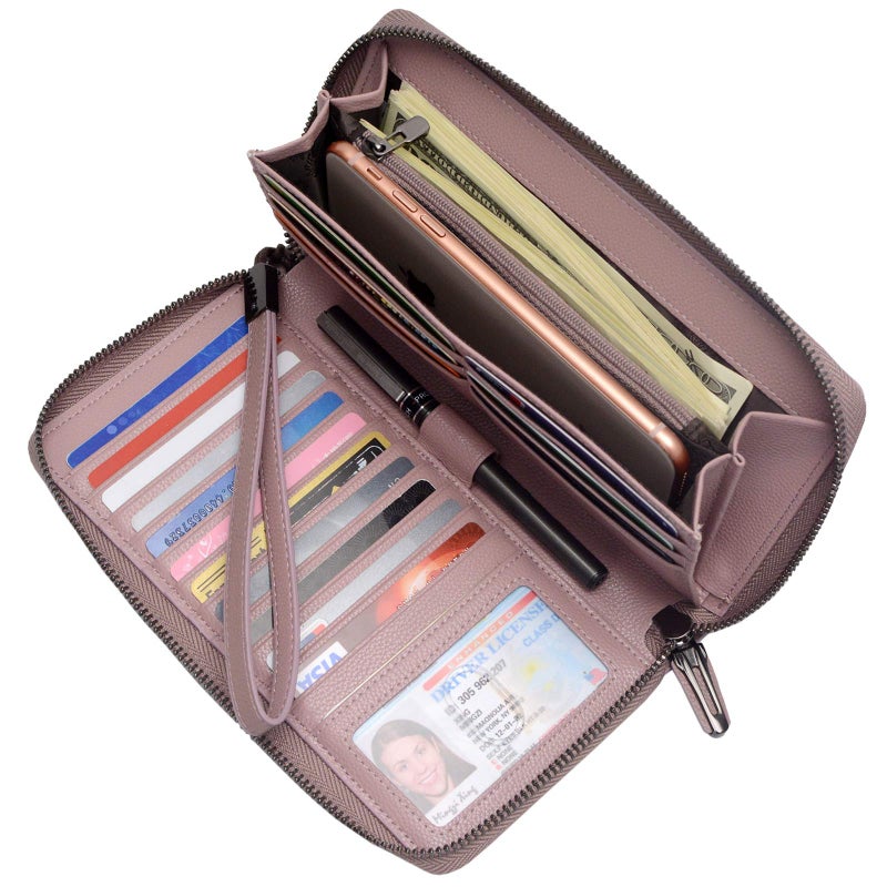 Bveyzi Women RFID Blocking Wallet Leather Zip Around Phone Clutch Large Capacity Ladies Travel Purse Wristlet (Dark Pink) - Image 2